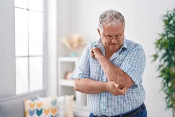 Middle Age Grey Haired Man Suffering Elbow Pain Home — Stock Photo, Image