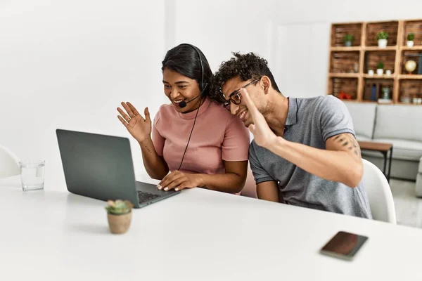 Young Latin Couple Smiling Happy Having Video Call Using Laptop — Stockfoto