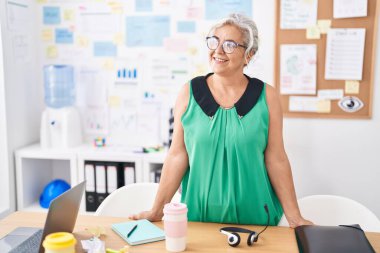 Orta yaşlı, kır saçlı, iş kadını. Ofiste kendine güvenen bir iş adamı.