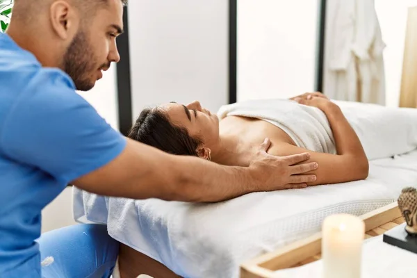 Latin Man Woman Wearing Physiotherapy Uniform Having Rehab Session Massaging — стоковое фото