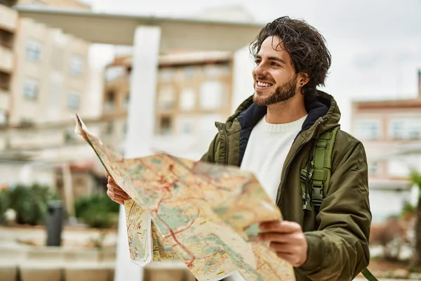 Handsome Hispanic Man Looking Travel Map City — Stock Photo, Image