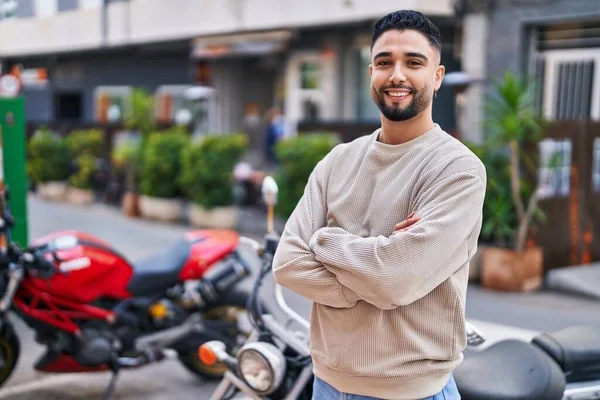 Young Arab Man Smiling Confident Standing Arms Crossed Gesture Street — 스톡 사진