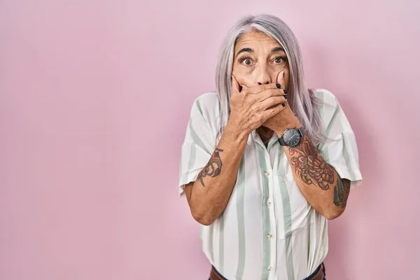 Middle Age Woman Grey Hair Standing Pink Background Shocked Covering — Stock Photo, Image