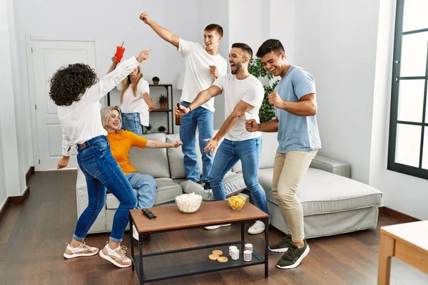 Group Young Friends Having Party Smiling Happy Dancing Home — Stockfoto