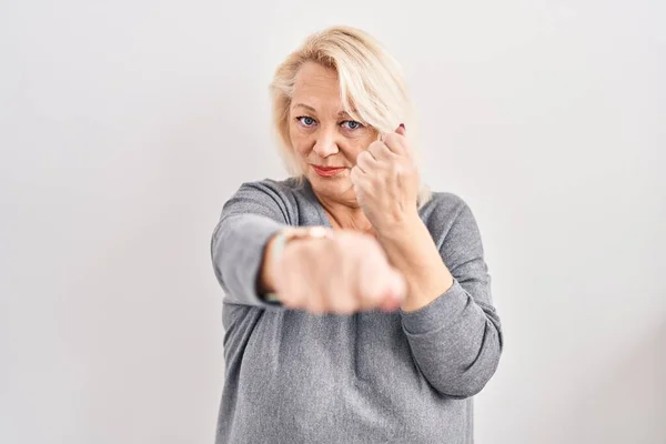 Middle Age Caucasian Woman Standing White Background Punching Fist Fight — Stock Photo, Image