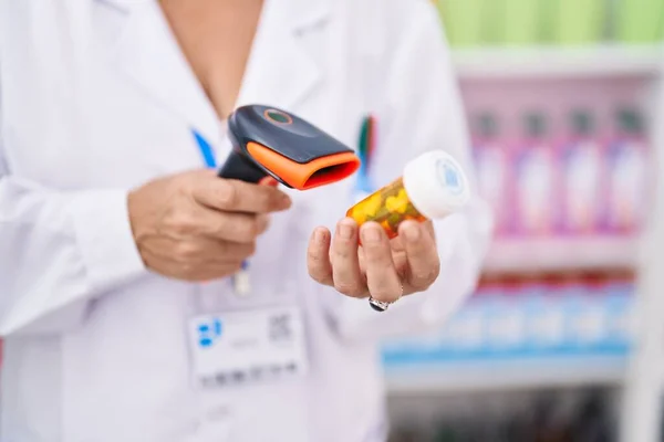 Middle Age Grey Haired Woman Pharmacist Scanning Pills Bottle Pharmacy — Stock Photo, Image