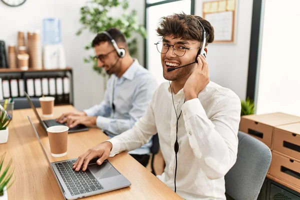 Two Hispanic Men Call Center Agents Smiling Confident Working Office — Stock Photo, Image