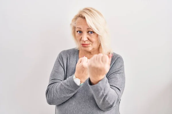 Middle Age Caucasian Woman Standing White Background Ready Fight Fist — Stock Photo, Image