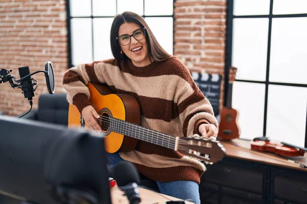 Young Hispanic Woman Musician Playing Spanish Guitar Music Studio — Foto Stock