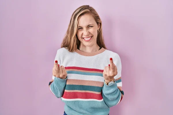 Young Blonde Woman Standing Pink Background Showing Middle Finger Doing — Foto de Stock