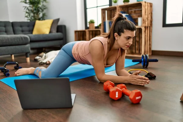 Young Woman Having Online Stretching Class Home — Foto Stock