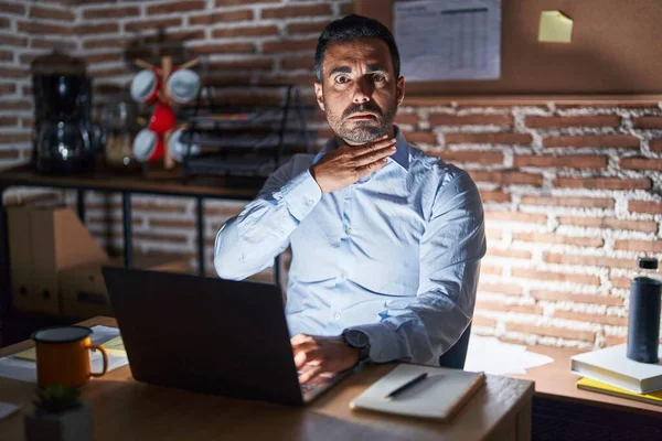 Hispanic Man Beard Working Office Night Cutting Throat Hand Knife — Stock Photo, Image