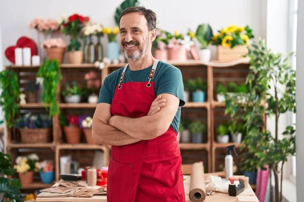 Middle Age Man Florist Smiling Confident Standing Arms Crossed Gesture — Stockfoto