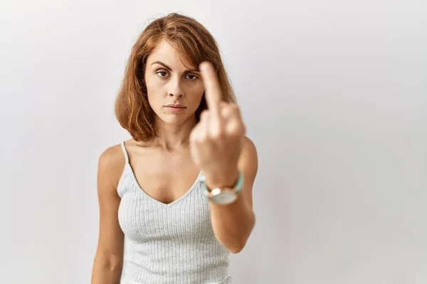 Beautiful Caucasian Woman Standing Isolated Background Showing Middle Finger Impolite — стоковое фото