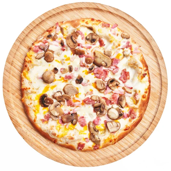 Wooden Plate Italian Carbonara Pizza White Isolated Background — Stock Photo, Image