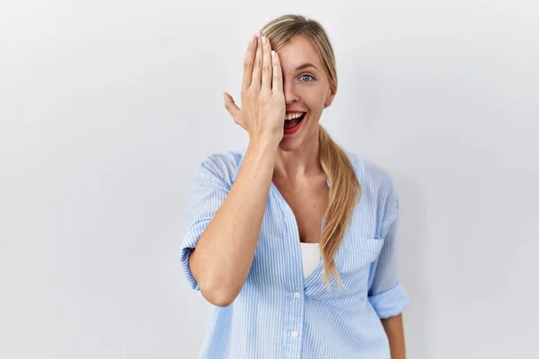 Beautiful Blonde Woman Standing White Background Covering One Eye Hand — Stock Photo, Image