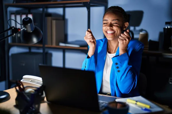 Beautiful African American Woman Working Office Night Excited Success Arms — Stock Photo, Image