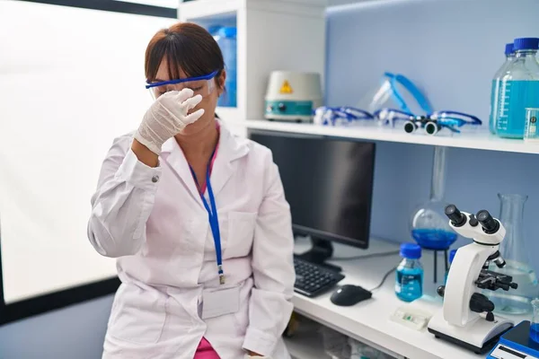 Young Brunette Woman Working Scientist Laboratory Tired Rubbing Nose Eyes — Photo