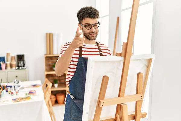 Arab Young Man Art Studio Pointing Fingers Camera Happy Funny — Stock Photo, Image