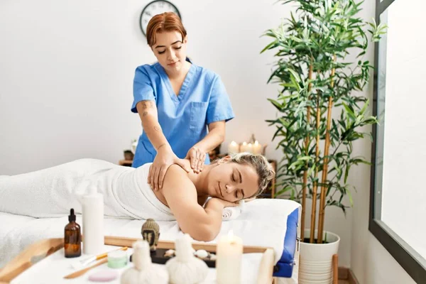 Woman Couple Having Back Massage Beauty Center — Stock Fotó