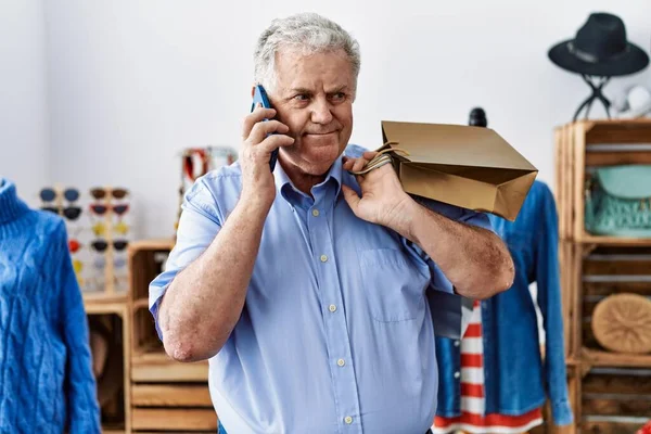 Middle Age Grey Haired Man Talking Smartphone Shopping Clothing Store — Stockfoto
