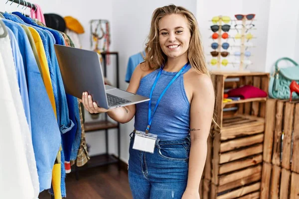 Young Caucasian Woman Working Manager Retail Boutique Holding Laptop Looking — Stock Photo, Image