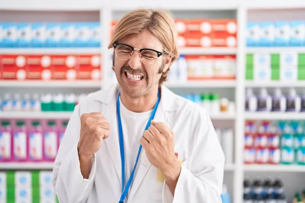 Caucasian Man Mustache Working Pharmacy Drugstore Very Happy Excited Doing — Stock Photo, Image
