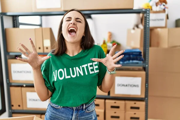 Young Brunette Woman Wearing Volunteer Shirt Donations Stand Celebrating Mad — Stock Photo, Image