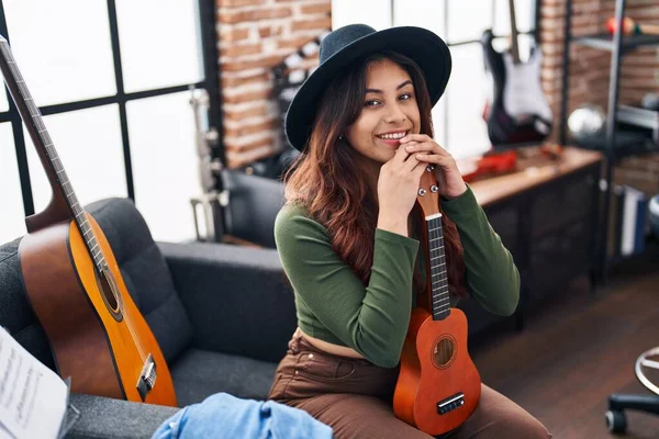 Young Hispanic Woman Musician Holding Ukelele Music Studio — Stock Photo, Image