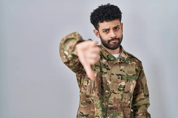 Arab Man Wearing Camouflage Army Uniform Looking Unhappy Angry Showing — Stock Photo, Image
