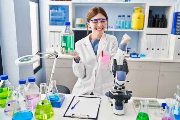 Young Brunette Woman Working Scientist Laboratory Screaming Proud Celebrating Victory — Stock Photo, Image