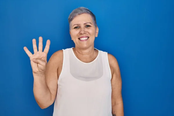 Middle Age Caucasian Woman Standing Blue Background Showing Pointing Fingers — Stock Photo, Image