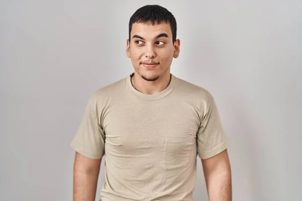 Young Arab Man Wearing Casual Shirt Smiling Looking Side Staring — Stock fotografie
