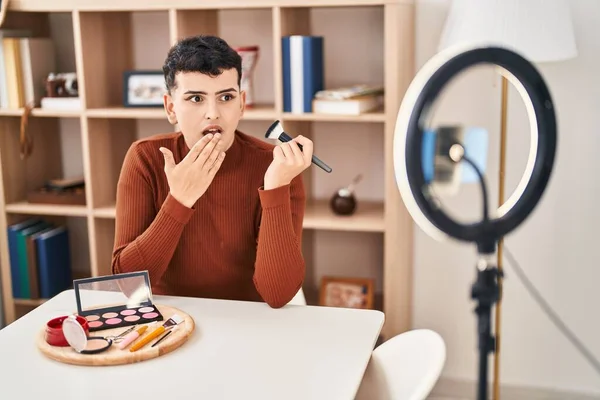 Non Binary Person Recording Vlog Tutorial Smartphone Home Covering Mouth — Stockfoto