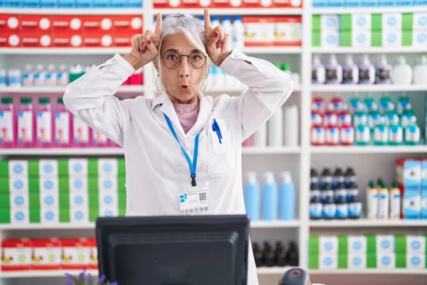 Middle Age Woman Tattoos Working Pharmacy Drugstore Doing Funny Gesture — Stock Photo, Image