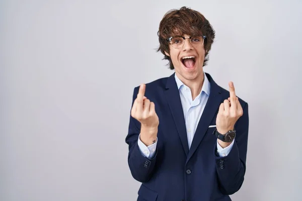 Hispanic Business Young Man Wearing Glasses Showing Middle Finger Doing —  Fotos de Stock
