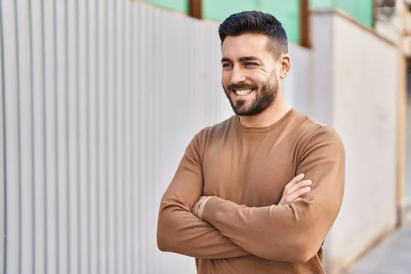 Young Hispanic Man Smiling Confident Standing Arms Crossed Gesture Street — Fotografia de Stock