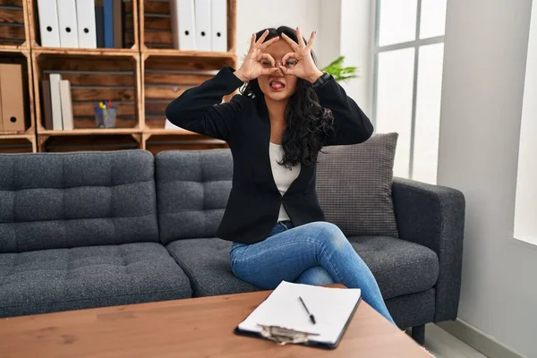 Young Asian Woman Consultation Office Doing Gesture Binoculars Sticking Tongue — Stock Photo, Image