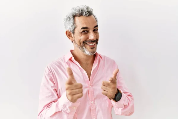Homem Hispânico Meia Idade Sobre Fundo Isolado Apontando Dedos Para — Fotografia de Stock