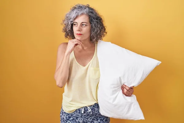 Middle Age Woman Grey Hair Wearing Pijama Hugging Pillow Hand — стоковое фото