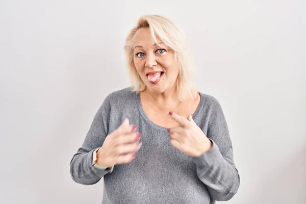 Middle Age Caucasian Woman Standing White Background Sticking Tongue Out — Stock Photo, Image