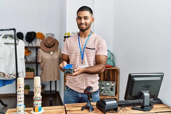 Young Arab Man Using Data Phone Credit Card Working Clothing — Fotografia de Stock