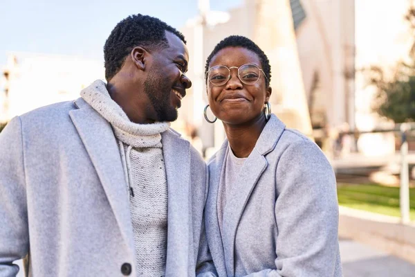 Man Woman Couple Smiling Confident Standing Together Street — Stockfoto