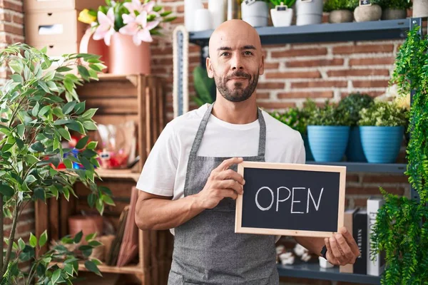 Middle Age Bald Man Working Florist Holding Open Sign Relaxed —  Fotos de Stock