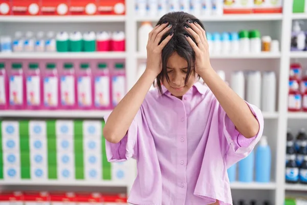 Young Girl Pharmacy Drugstore Suffering Headache Desperate Stressed Because Pain — Stock Photo, Image