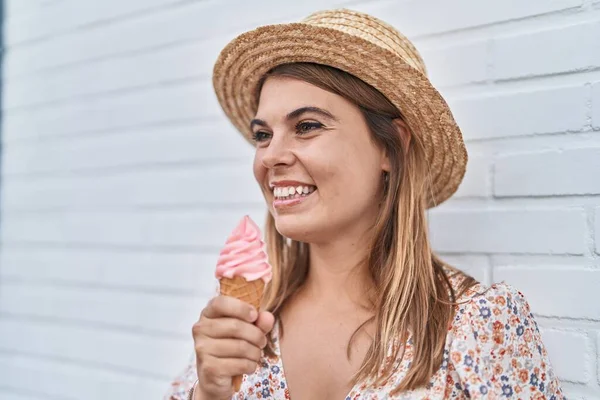 Young Woman Tourist Wearing Summer Hat Eating Ice Cream Isolated — Stock Photo, Image