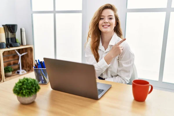 Young Caucasian Woman Working Office Using Computer Laptop Big Smile — 图库照片