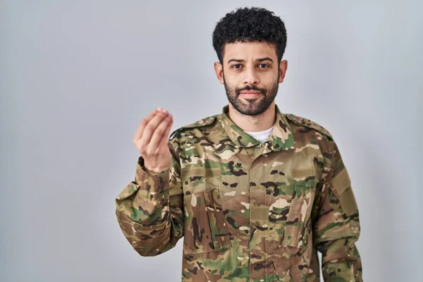 Arab Man Wearing Camouflage Army Uniform Doing Italian Gesture Hand — Stock Photo, Image