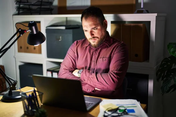 Size Hispanic Man Beard Working Office Night Skeptic Nervous Disapproving — Foto Stock