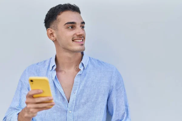 Young Hispanic Man Smiling Confident Using Smartphone White Isolated Background — Photo